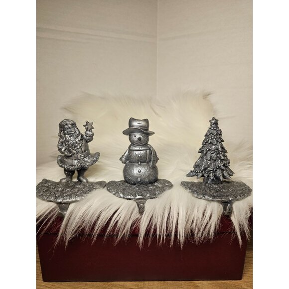 Stocking Holders Shelf Sitters Heavy Pewter Santa Snowman Christmas Tree Set of - Picture 1 of 8